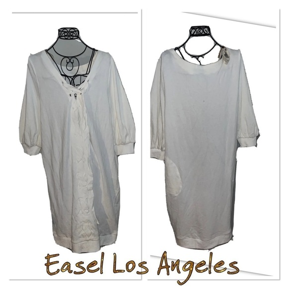 NWT Easel Los Angeles Women Sz M Oversized Tie Up Cotton Sweatshirt Dress Pocket - Picture 1 of 8